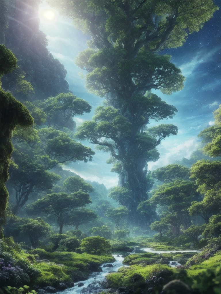 Illustration of a hyperrealistic , otherworldly, ultrasky scene featuring a giant crystal tree full body,very detailed and magical lighting, intricate forest details, vegetation and river around, solarpunk ,landscape, giant tree, beatifull leafy with beautiful lighting and realistic proportions, as if it were a cinematic background, 8k, highest quality, masterpiece, clouds and stars in the sky.