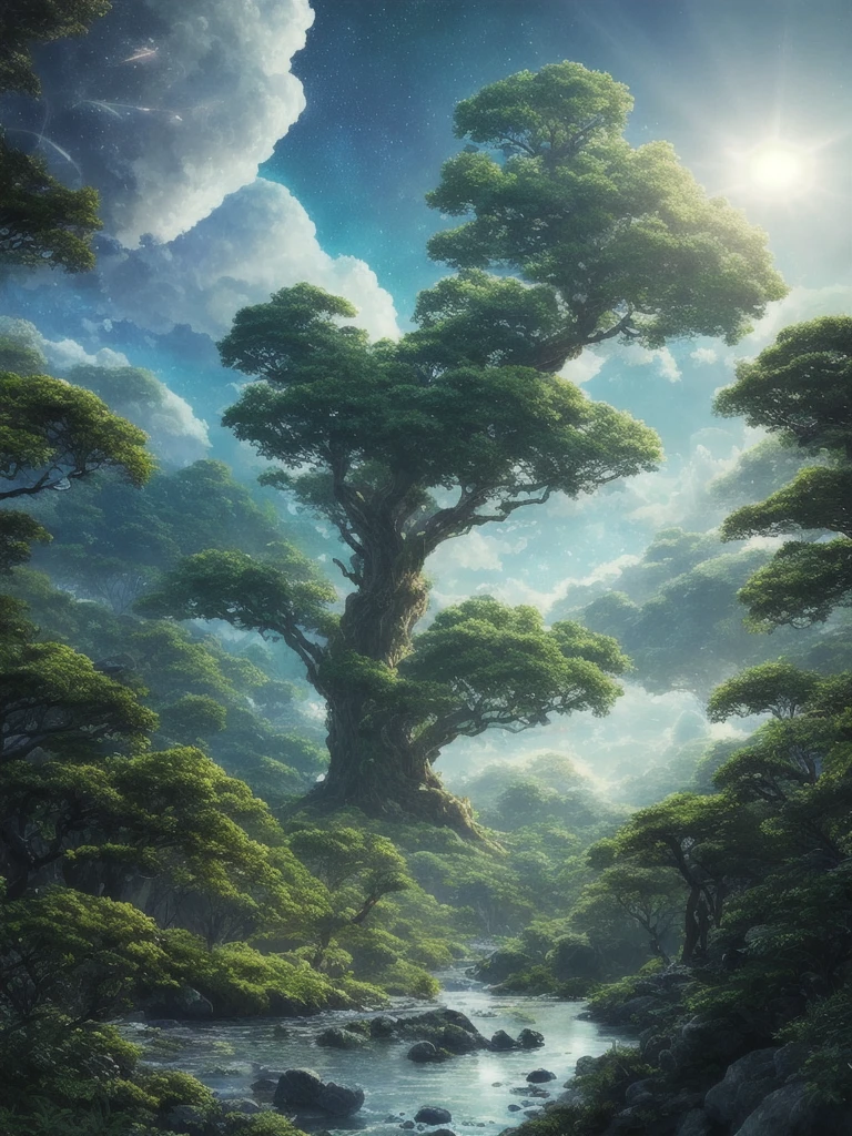 Illustration of a hyperrealistic , otherworldly, ultrasky scene featuring a giant crystal tree full body,very detailed and magical lighting, intricate forest details, vegetation and river around, solarpunk ,landscape, giant tree, beatifull leafy with beautiful lighting and realistic proportions, as if it were a cinematic background, 8k, highest quality, masterpiece, clouds and stars in the sky.