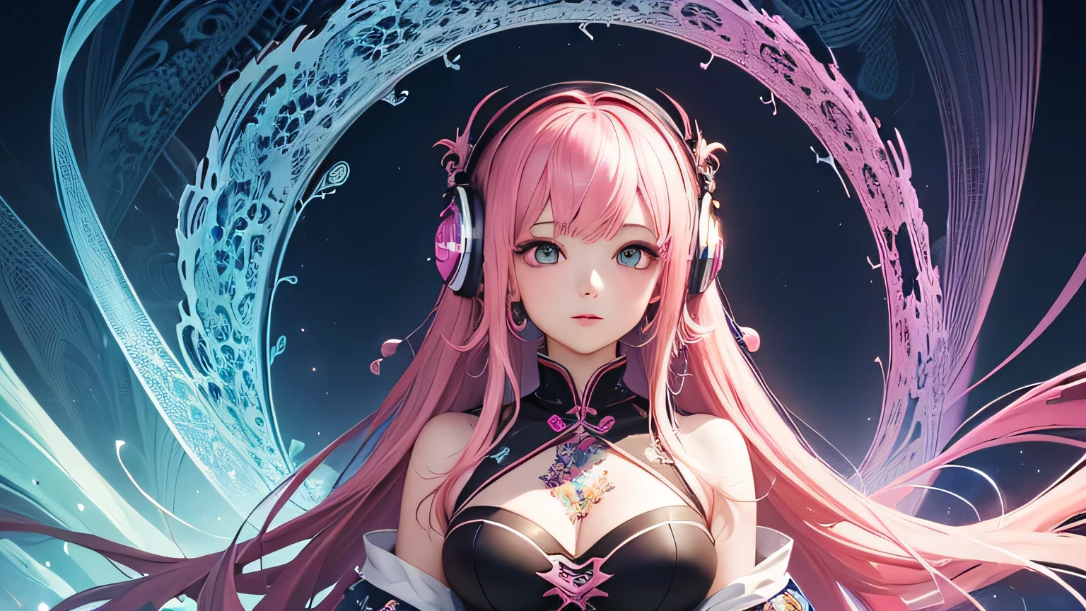 (masterpiece, Highest quality, Highest quality, Official Art, beautifully、aesthetic:1.2), (One girl), Very detailed,(Fractal Art:1.3),colorful,Most detailed pink hair、I have headphones on。