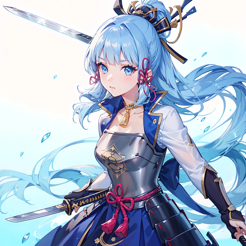 View the viewer, 1 Girl,  Highest quality, Blue Hair, blue eyes, Japanese style armor, Sword in hand, electricity, kamisato ayaka, whole body, blush, Serious face、Very detailed、high resolution、High resolution、Written boundary depth,White Background,A sword as big as your body