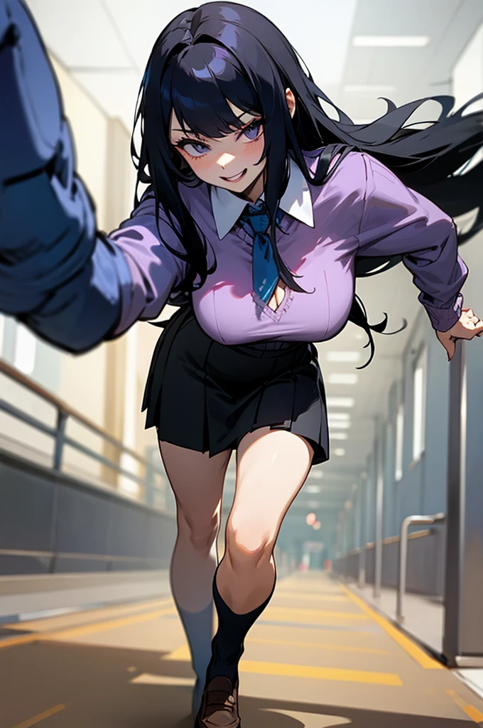 Lydia, a 6 foot tall female student with long black hair and a with a very short skirt, pushes Tom, a nerd, to the ground in the school yard. with a malicious smile, place your right foot on your chest, pressing lightly
