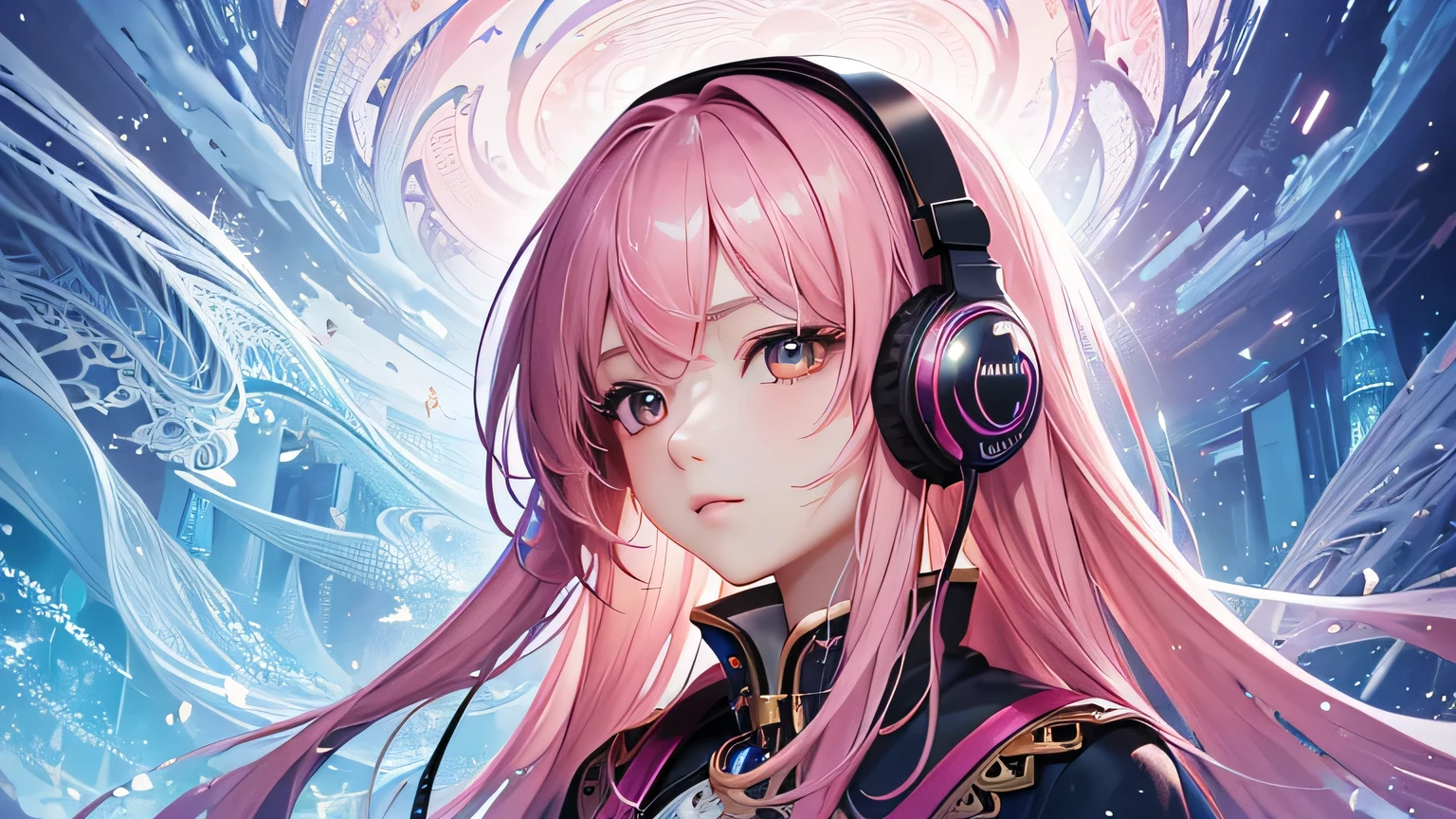 (masterpiece, Highest quality, Highest quality, Official Art, beautifully、aesthetic:1.2), (One girl), Very detailed,(Fractal Art:1.3),colorful,Most detailed pink hair、I have headphones on。