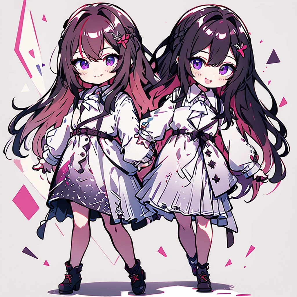 masterpiece, best quality, highres, 1girl, solo, multicolored hair, pink hair, purple eyes, black hair, dress, colored inner hair, hair between eyes, white dress, brown jacket, two-tone hair, jewelry, long sleeves, x hair ornament, bangs, bracelet, very long hair, streaked hair, hairclip, standing, cowboy shot, smile, street, arms behind back, open mouth,Holding a knife、Smiling