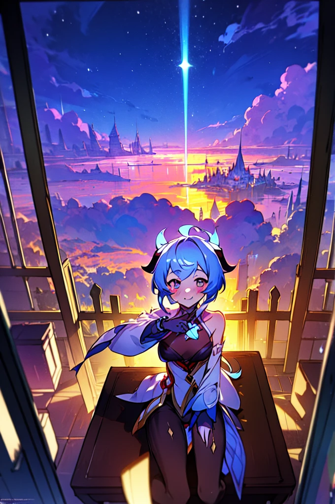 Very detailed,Pieces fly, Highest quality, Anime Images, Anime style etc.., Hired \(Genshin Impact\), Sit at the table, View from above, smile, 1 Girl, Twin Horn, ticker,Fits your body type, I can see the pussy , blush, Colorful pastel fantasy,Sexy pose,Very detailed background,Nice views,Beautiful and beautiful scenery,（（Very detailed landscape））,Incredibly high quality,Night Sky