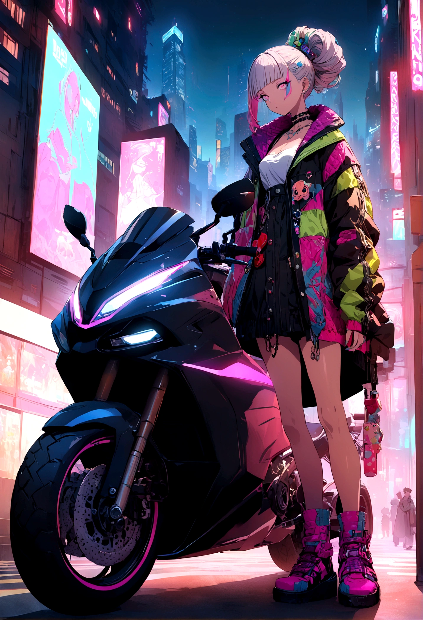 masterpiece, best quality, Confident cyberpunk girl, full body shot, ((standing in front of motorcycle)), Harajuku-inspired pop outfit, bold colors and patterns, eye-catching accessories, trendy and innovative hairstyle, vibrant makeup, Cyberpunk dazzling cityscape, skyscrapers, neon signs, LED lights, bright and vivid color scheme, anime, illustration, detailed skin texture, detailed cloth texture, beautiful detailed face, intricate details, ultra detailed.