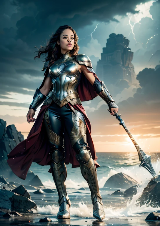 ((masterpiece)), (best quality), perfect anatomy, highres, detailed, (8k), photorealistic, best quality, ultra highres, ((detailed face)), a Realistic full body portrait of  Tessa Thompson as Thor God Of Thunder in the iconic outfit from the Avengers Movies and MCU The costume depicted in the image is a meticulously crafted suit of armor, predominantly silver with black detailing. It features:

Chest Plate: Embellished with circular, Norse-inspired motifs.
Shoulder Armor: Layered metal pieces symbolize strength.
Arm Coverage: Chainmail textures suggest flexibility and defense.
Cape: A flowing red cape adds a majestic element. , wielding the mighty hammer above her head in a raging thunder storm waves crashing against the rocks in the background