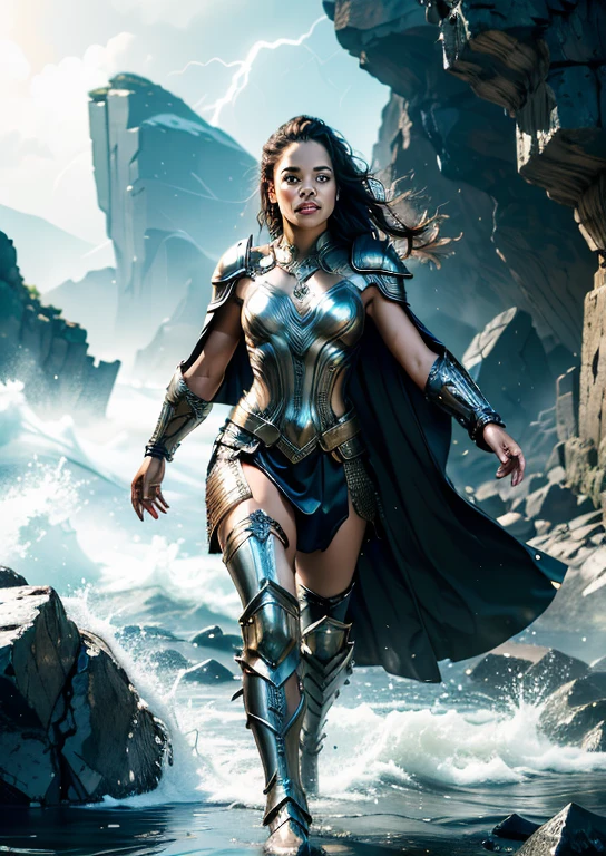 ((masterpiece)), (best quality), perfect anatomy, highres, detailed, (8k), photorealistic, best quality, ultra highres, ((detailed face)), a Realistic full body portrait of  Tessa Thompson as Thor God Of Thunder in the iconic outfit from the Avengers Movies and MCU The costume depicted in the image is a meticulously crafted suit of armor, predominantly silver with black detailing. It features:

Chest Plate: Embellished with circular, Norse-inspired motifs.
Shoulder Armor: Layered metal pieces symbolize strength.
Arm Coverage: Chainmail textures suggest flexibility and defense.
Cape: A flowing red cape adds a majestic element. , wielding the mighty hammer above her head in a raging thunder storm waves crashing against the rocks in the background