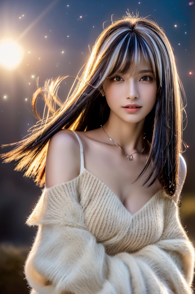 ((masterpiece:1.5、8K、Tabletop、フォトリアリスティックでVery detailedなCG、Very detailed、Particle Effects、Dynamic Effects、Shallow depth of field、Cinematic Light、Lens flare、Ray Tracing、Tabletop、Realistic:1.4、Ultra-high resolution:1.2、Realistic、Realistic))((alone、,A woman wearing a black fur coat over an off-the-shoulder sweater:1.4、Elegant woman posing、Detailed face、bright表情、young, bright, Whiter skin、medium breasts、Beautiful cleavage、Best Looks、Asian、Ultimate beauty、bright and shiny hair,、Super long, Silky straight hair、Hair dancing in the wind))(spectacular night sky、White Nights、Fantastic starry sky)((White hair with shiny highlights))