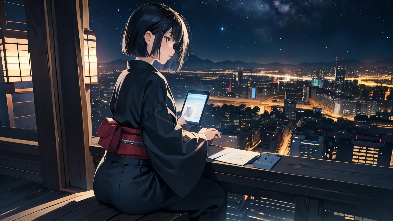 City of night Japanese girl looking at a computer in a high place Black Hair Bob Starry Sky From afar Please draw the whole body of a girl seen from the side