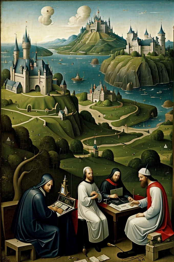 painting of three men in front of a computer with a castle in the background, hieronymus bosch style, in style of hieronymus bosch, hieronymus bosch, synthesizers, masterpiece