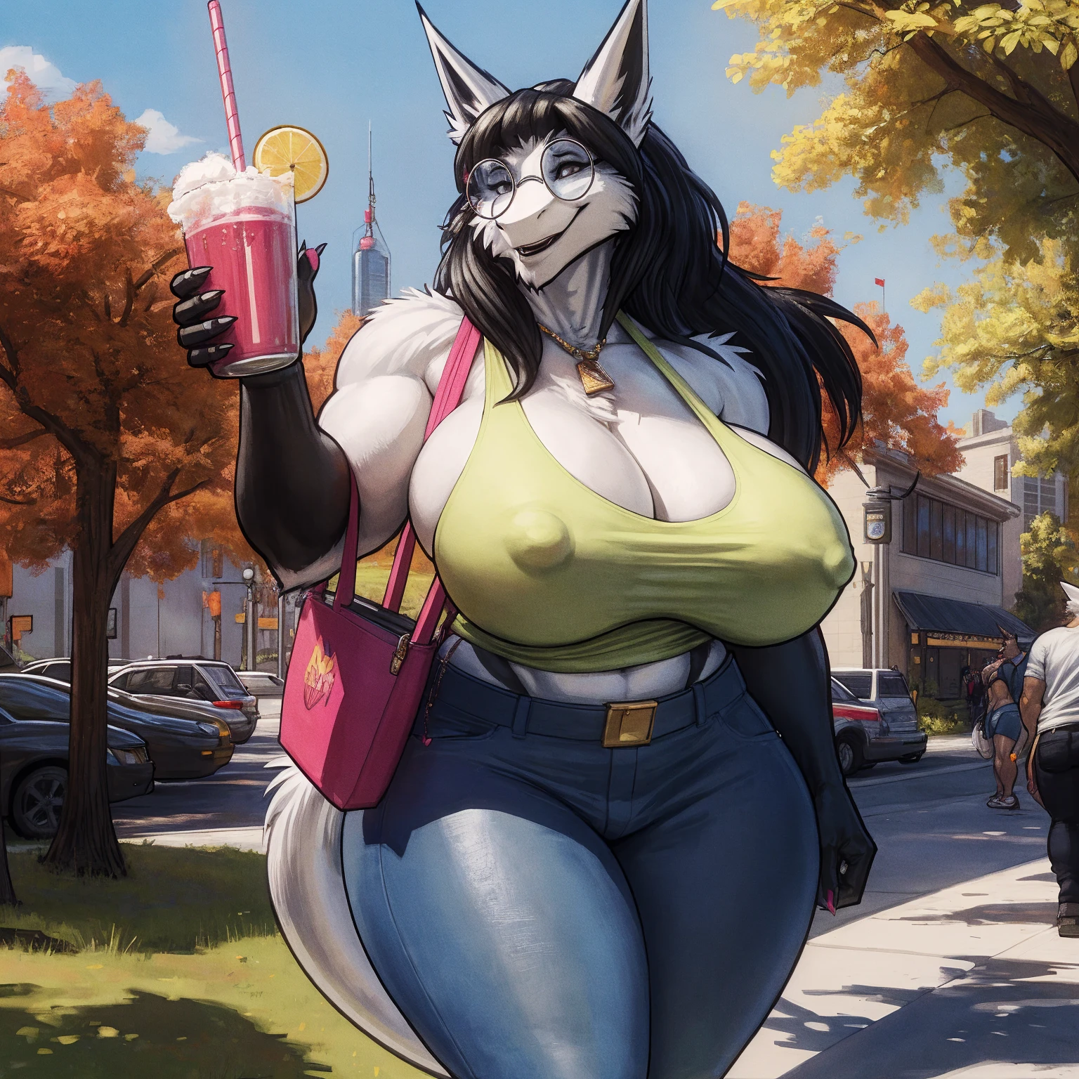 by darkgem, by duase, by BNG, by sligarthetiger, solo, 1girl, sergal, anthro, female, older woman, (round glasses:1.4), (white fur:1.3), (black hair:1.3), furry body, wide body, wide hips, thick thighs, big arms, (huge breasts:1.1), (heavy breasts:1.3), nipple outline, highly detailed eyes, milf, tank top, bare midriff, cleavage, large areolae, blue jeans, lowrise jeans, bare midriff, visible thong straps, Masterpiece, best quality, absurd res, highly detailed, cleanly drawn eyes, park environment, cute smile, standing upright, casual posture, buff, holding a smoothie