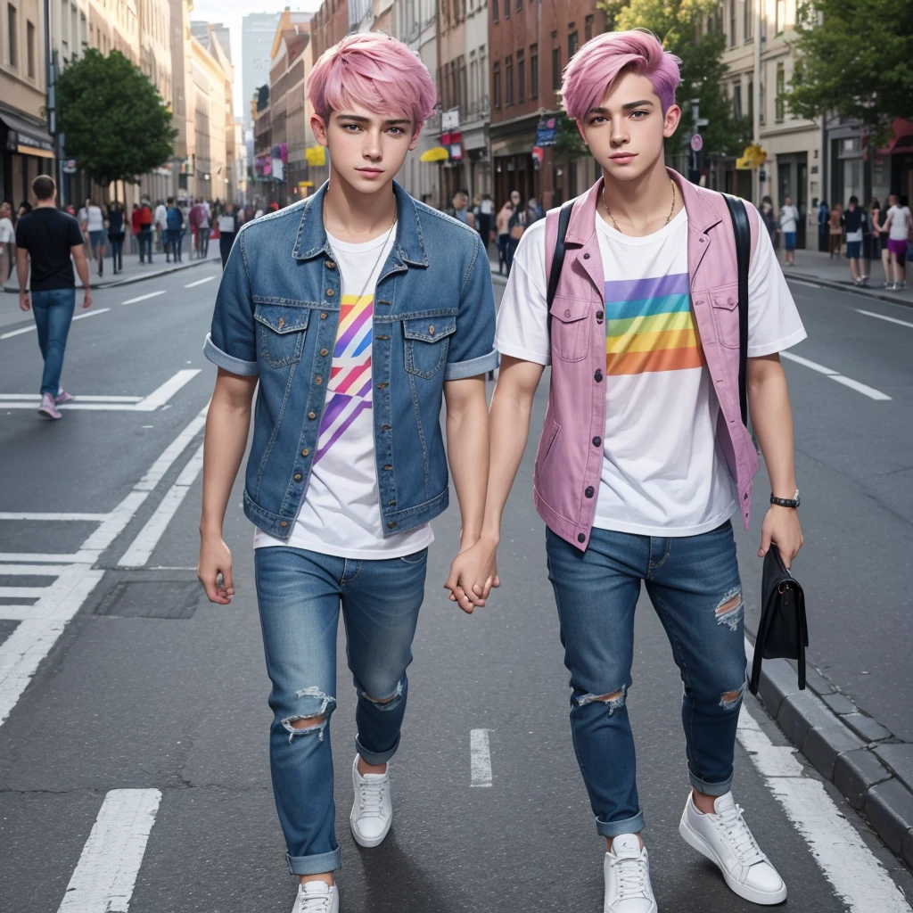 (Masterpiece)), ((Best quality)), high resolution, 8K, (ultra realistic), (photo realistic), (Instagram template, elegant) 19 year old boy, gay boy, cute boy, pretty face, single boy, a boy, pink hair, short hair, wearing a purple t-shirt and a white jean jacket, blue jeans, white sneakers , the boy holds a colorful flag with his hand, the LGBT flag, the pride flag, the boy walks down the street and in the background there are many people celebrating pride