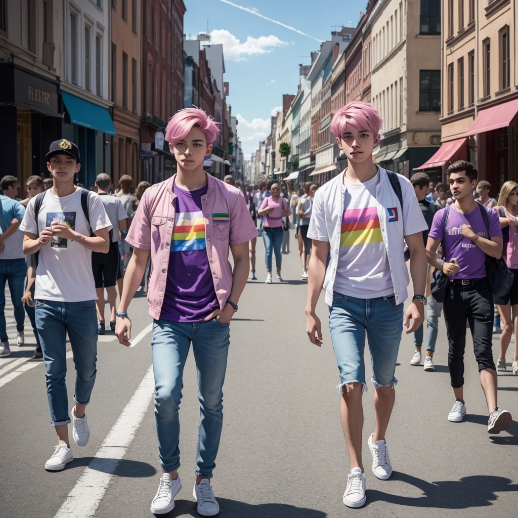 (Masterpiece)), ((Best quality)), high resolution, 8K, (ultra realistic), (photo realistic), (Instagram template, elegant) 19 year old boy, gay boy, cute boy, pretty face, single boy, a boy, pink hair, short hair, wearing a purple t-shirt and a white jean jacket, blue jeans, white sneakers , the boy holds a colorful flag with his hand, the LGBT flag, the pride flag, the boy walks down the street and in the background there are many people celebrating pride