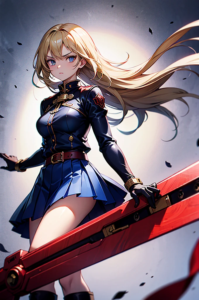 20-year-old anime girl, long blonde hair, blue eyes, angry expression, long dark blue skirt with gold embroidery at the hem, old-fashioned blue blouse with long fitted sleeves, adorned with red details, red leather gloves that reach her elbows, dark brown leather boots that reach mid-calf, leather belt adorned with a golden buckle and red details, her weapon is a huge greatsword with a gold and red decorated handle, hanging on her back in an ornate sheath. 