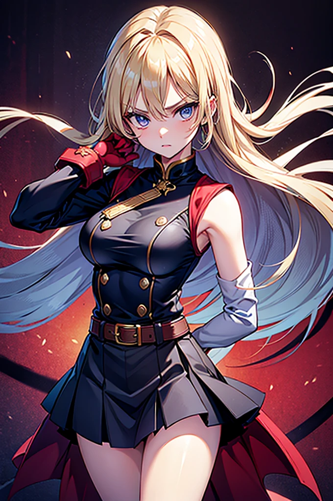 20-year-old anime girl, long blonde hair, blue eyes, angry expression, long dark blue skirt with gold embroidery at the hem, old-fashioned blue blouse with long fitted sleeves, adorned with red details, red leather gloves that reach her elbows, dark brown leather boots that reach mid-calf, leather belt adorned with a golden buckle and red details, her weapon is a huge greatsword with a gold and red decorated handle, hanging on her back in an ornate sheath.