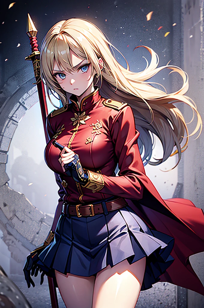 20-year-old anime girl, long blonde hair, blue eyes, angry expression, long dark blue skirt with gold embroidery at the hem, old-fashioned blue blouse with long fitted sleeves, adorned with red details, red leather gloves that reach her elbows, dark brown leather boots that reach mid-calf, leather belt adorned with a golden buckle and red details, her weapon is a huge greatsword with a gold and red decorated handle, hanging on her back in an ornate sheath.