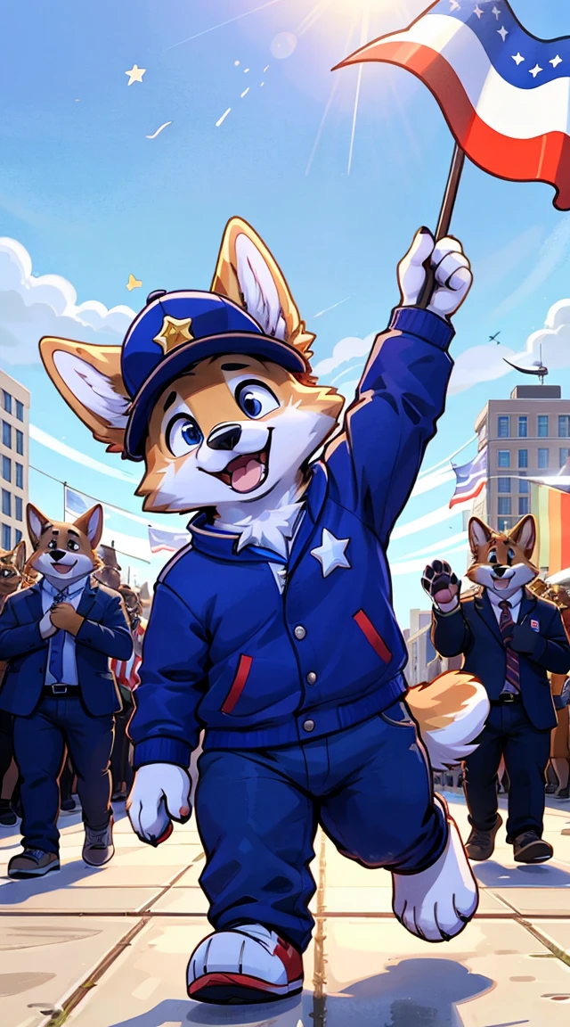 a full body, anthropomorphic In the center of a white background, a cartoon Corgi dog is joyfully waving an American flag. The corgi is anthropomorphized with arms and legs, standing on its hind legs to hold the flag aloft. It's wearing a blue jacket adorned with red stripes and stars, paired with white pants and a matching hat. Its eyes are wide open in excitement, and it seems to be in mid-stride, as if caught in a playful run. The image captures a moment of celebration or patriotism, embodied by the cheerful Canine. with a city in the distance
