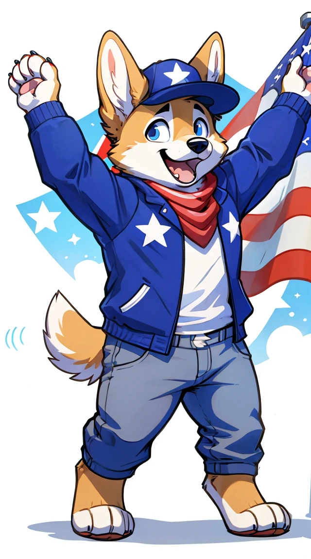 a full body, anthropomorphic In the center of a white background, a cartoon Corgi dog is joyfully waving an American flag. The corgi is anthropomorphized with arms and legs, standing on its hind legs to hold the flag aloft. It's wearing a blue jacket adorned with red stripes and stars, paired with white pants and a matching hat. Its eyes are wide open in excitement, and it seems to be in mid-stride, as if caught in a playful run. The image captures a moment of celebration or patriotism, embodied by the cheerful Canine. with a city in the distance