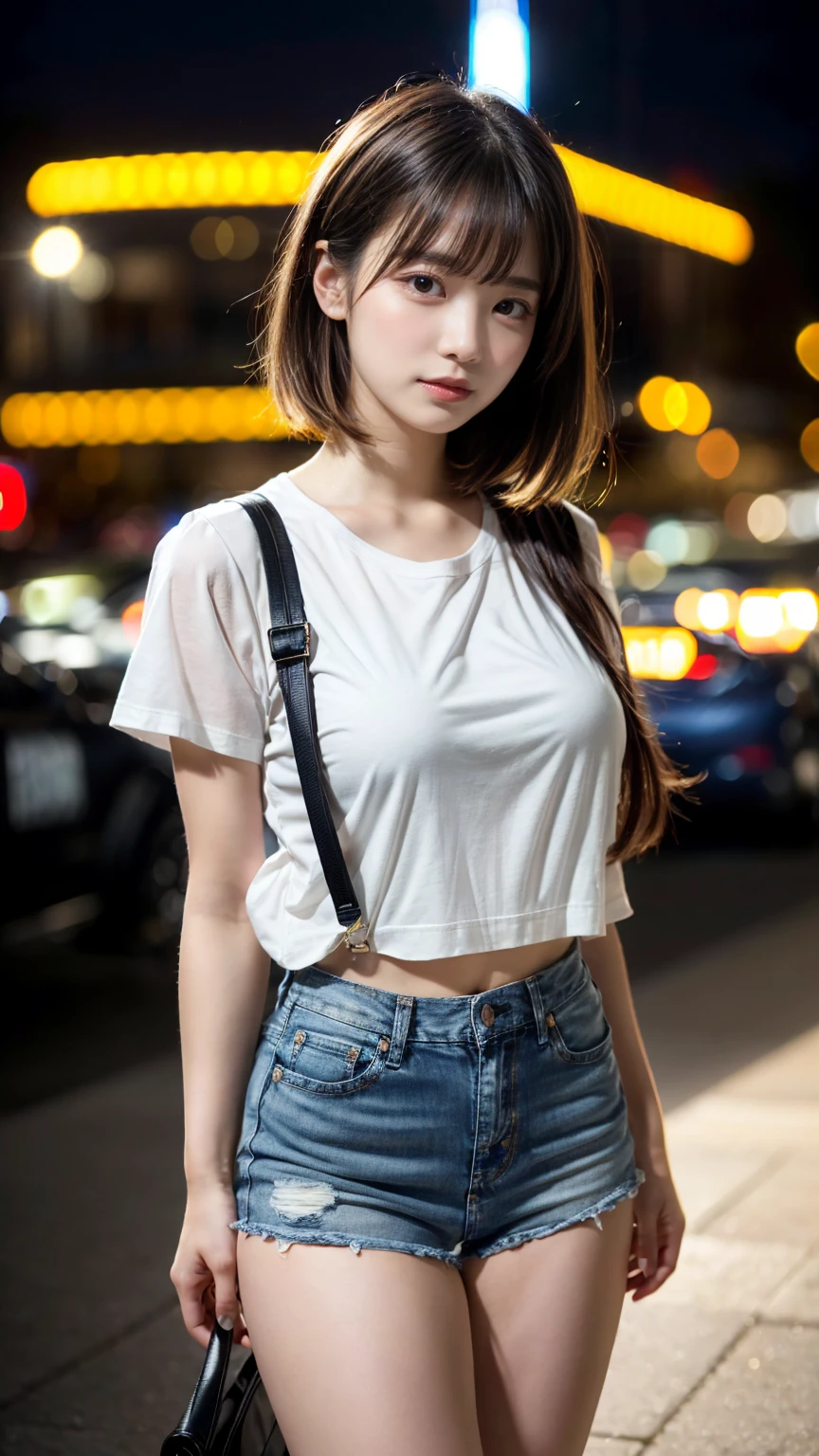 (8K, RAW Photos, Highest quality, masterpiece:1.2), masterpiece, super detailed, super high quality, (Realistic and photorealistic photography:1. 37), High-resolution RAW color photos, Very delicate and beautiful, highly detailed, 8k wallpaper, wonderful, detailed, Very eye, very detailed, very detailed skin, very thin fingers, very detailed nose, very detailed mouth, Perfect Anatomy, BREAK,18 year old girl, Colossal tits, short bob hair, black hair color, cute type, ta, Beautiful makeup, glitter makeup, Big Natural Color Lip, perfect body shape, crying a little, beautiful legs, Voluptuous thighs, BREAK, (Fashionable, white t-shirt, a denim miniskirt:1.2), BREAK, night club, at midnight