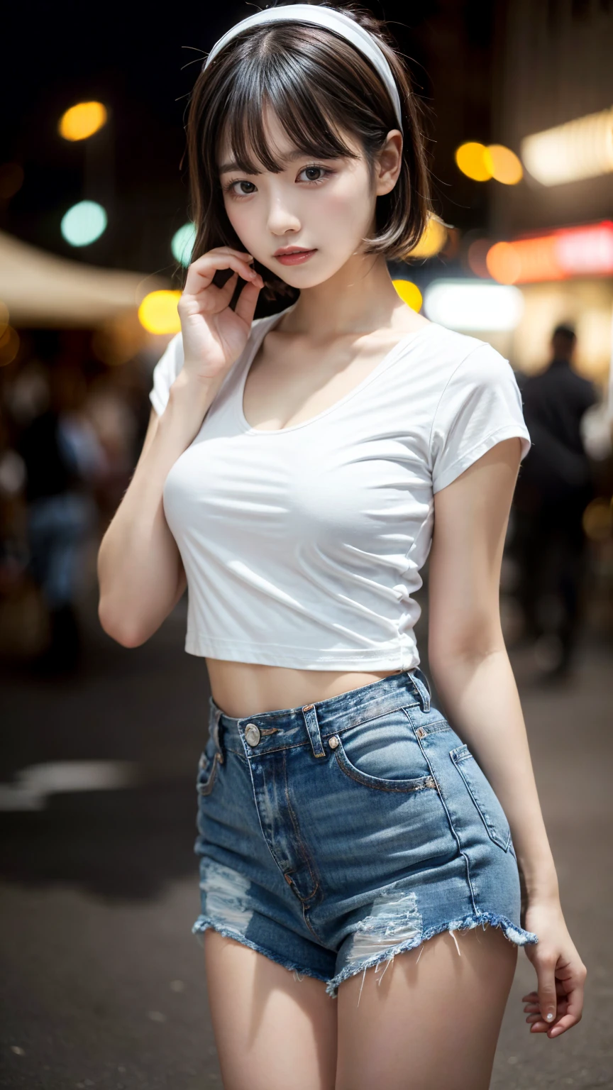 (8K, RAW Photos, Highest quality, masterpiece:1.2), masterpiece, super detailed, super high quality, (Realistic and photorealistic photography:1. 37), High-resolution RAW color photos, Very delicate and beautiful, highly detailed, 8k wallpaper, wonderful, detailed, Very eye, very detailed, very detailed skin, very thin fingers, very detailed nose, very detailed mouth, Perfect Anatomy, BREAK,18 year old girl, Colossal tits, short bob hair, black hair color, cute type, ta, Beautiful makeup, glitter makeup, Big Natural Color Lip, perfect body shape, crying a little, beautiful legs, Voluptuous thighs, BREAK, (Fashionable, white t-shirt, a denim miniskirt:1.2), BREAK, night club, at midnight