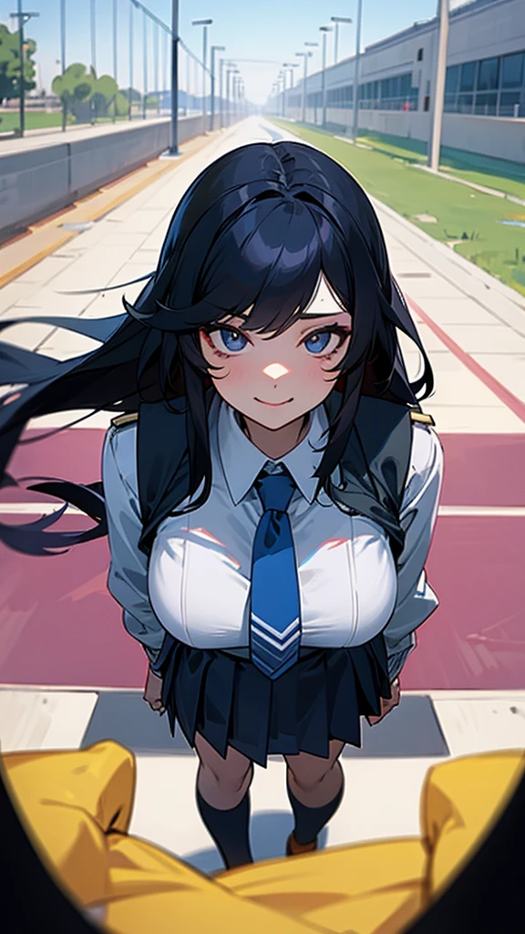 Pov Lydia, a 6 foot tall female student with long black hair and a with a very short skirt, te empuja al suelo en el patio de la school, since you are a nerd. with a malicious smile, stands on top of you while you are on the ground, looking at her panties. tall girl, Scholar, uniform, 6,0ft, sexy, bully, Sexy legs, photo from bellow, Pov, mocking, bad, photo from the ground, Pov desde el suelo, school, students