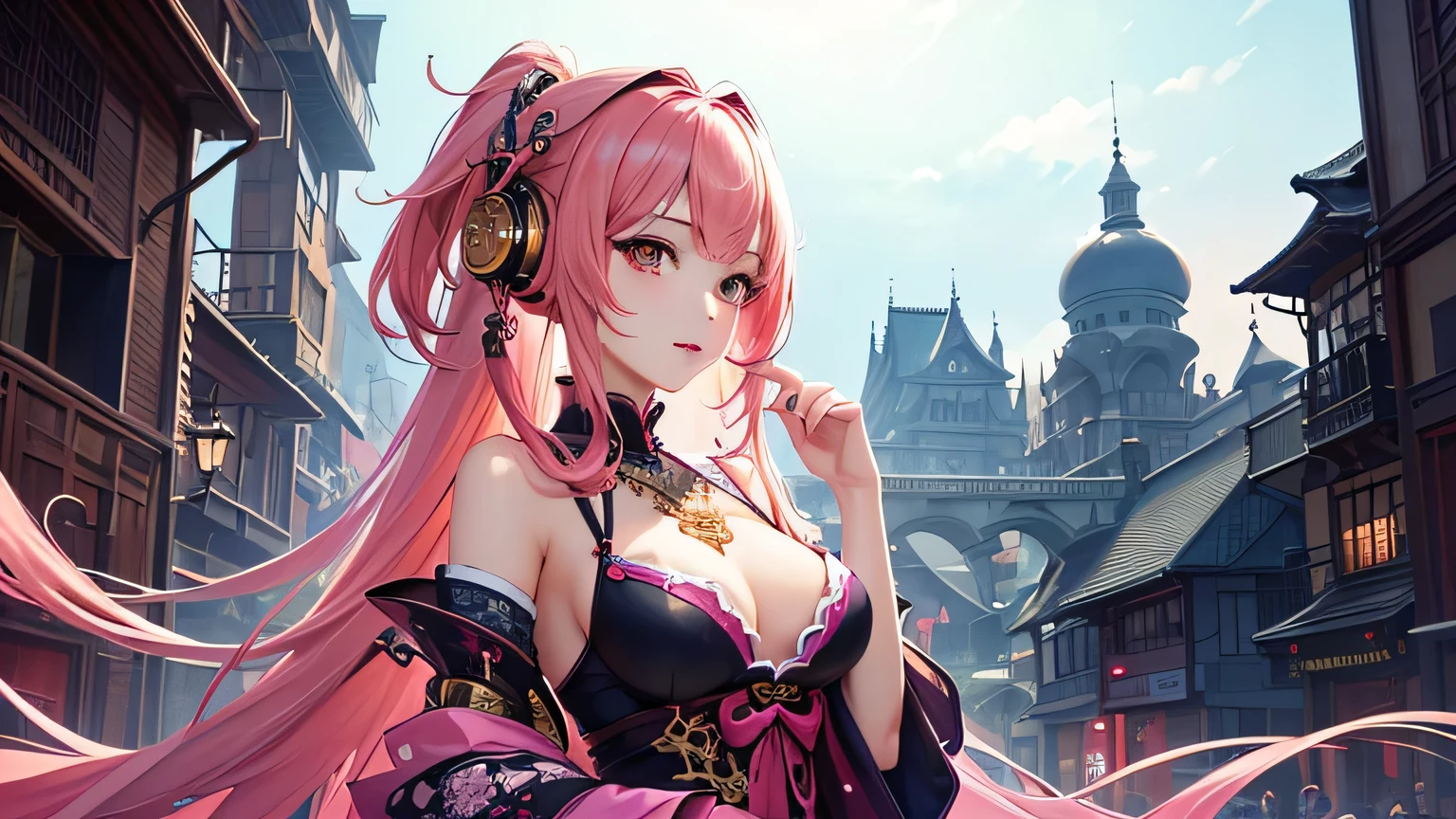 masterpiece, Highest quality, Highest quality, Official Art, beautifully、aesthetic:1.2), (One girl), Very detailed,(Fractal Art:1.3),colorful,Most detailed pink hair、I have headphones on。Yoshiwara Red Light District