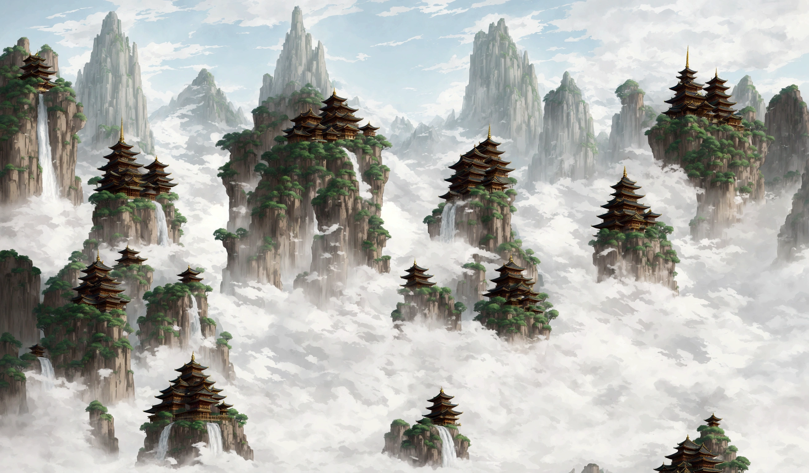 arafed image of a mountain with a pagoda and a waterfall, floating lands in-clouds, onmyoji detailed art, floating mountains, temple background, zen temple background, dojo on a mountain, anime scenery concept art, ancient city landscape, avatar landscape, background art, pagodas on hills, anime landscape, legend of korra setting