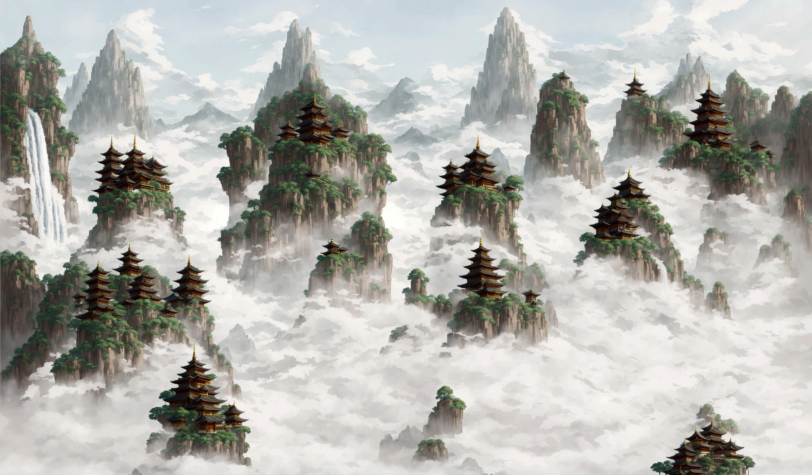 arafed image of a mountain with a pagoda and a waterfall, floating lands in-clouds, onmyoji detailed art, floating mountains, temple background, zen temple background, dojo on a mountain, anime scenery concept art, ancient city landscape, avatar landscape, background art, pagodas on hills, anime landscape, legend of korra setting