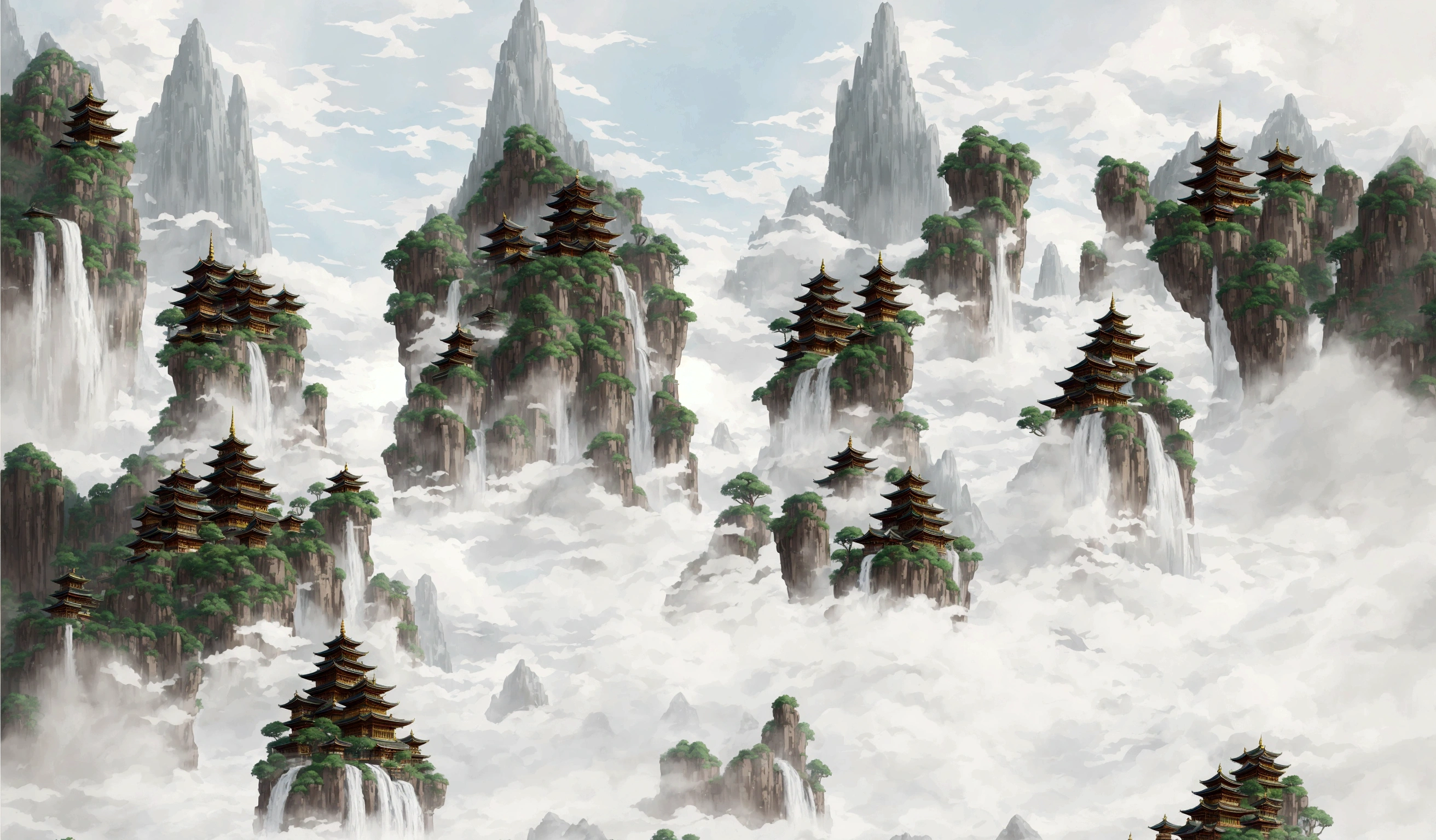 arafed image of a mountain with a pagoda and a waterfall, floating lands in-clouds, onmyoji detailed art, floating mountains, temple background, zen temple background, dojo on a mountain, anime scenery concept art, ancient city landscape, avatar landscape, background art, pagodas on hills, anime landscape, legend of korra setting