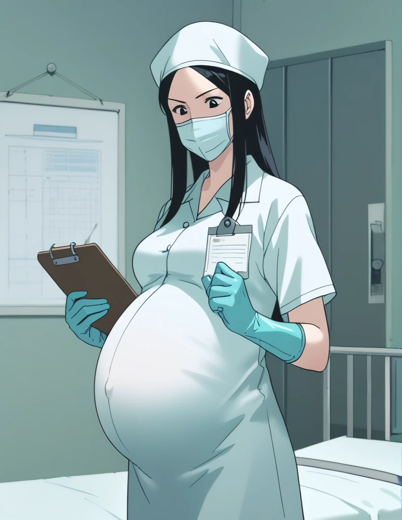 score_9,  score_8_up, score_7_up, source_anime, kasuganoray, pale skin, long hair, scrubs, surgical mask, surgical cap,
1girl, pregnant, solo, rubber gloves, clipboard, looking down, furrowed brow, privacy screen, hospital bed, standing