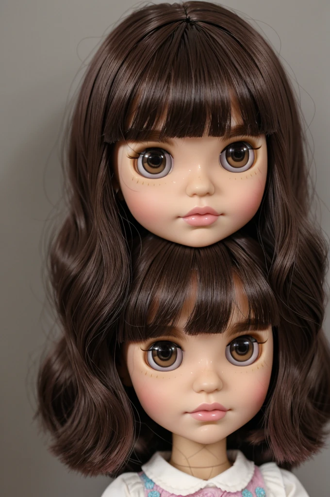 Blythe doll with bangs with a small mole next to the eye with pink lips with dark brown hair with two short hairs towards the front and medium long hair 