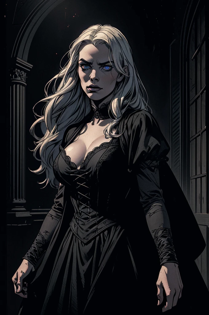 A woman with long white hair and blue eyes, pale skin, a sad expression, wearing a black Victorian dress with a deep neckline, long breasts, in a dark, horror-themed environment, (best quality,4k,8k,highres,masterpiece:1.2),ultra-detailed,(realistic,photorealistic,photo-realistic:1.37),beautiful detailed eyes,beautiful detailed lips,extremely detailed eyes and face,longeyelashes,dark moody lighting,dramatic shadows,chiaroscuro lighting,haunting atmosphere,cinematic composition,gothic,victorian era,horror,dark fantasy