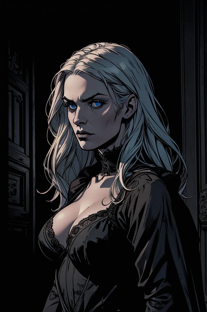 A woman with long white hair and blue eyes, pale skin, a sad expression, wearing a black Victorian dress with a deep neckline, long breasts, in a dark, horror-themed environment, (best quality,4k,8k,highres,masterpiece:1.2),ultra-detailed,(realistic,photorealistic,photo-realistic:1.37),beautiful detailed eyes,beautiful detailed lips,extremely detailed eyes and face,longeyelashes,dark moody lighting,dramatic shadows,chiaroscuro lighting,haunting atmosphere,cinematic composition,gothic,victorian era,horror,dark fantasy