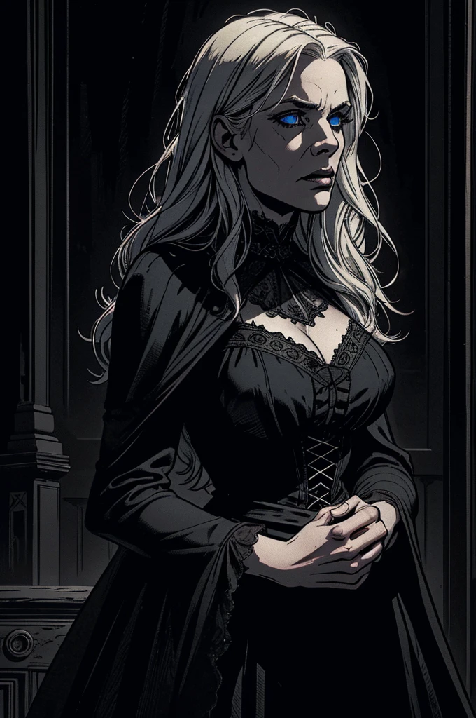A woman with long white hair and blue eyes, pale skin, a sad expression, wearing a black Victorian dress with a deep neckline, long breasts, in a dark, horror-themed environment, (best quality,4k,8k,highres,masterpiece:1.2),ultra-detailed,(realistic,photorealistic,photo-realistic:1.37),beautiful detailed eyes,beautiful detailed lips,extremely detailed eyes and face,longeyelashes,dark moody lighting,dramatic shadows,chiaroscuro lighting,haunting atmosphere,cinematic composition,gothic,victorian era,horror,dark fantasy