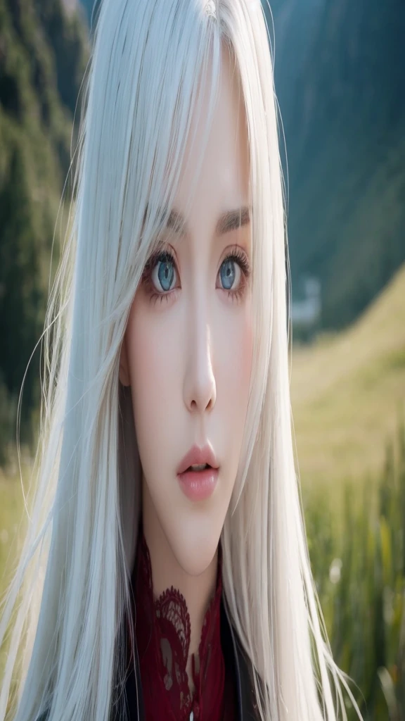 masterpiece, Highest quality, Very detailed, cinematic lightening, Exquisite detail, High resolution, Official Art, Beautifully detailed face and eyes, High resolutionのイラスト, 8K, Depth of written boundary, Bokeh, alone, One girl, A girl with white hair and red eyes, Long white hair, Beautiful red eyes, Beautiful Landscape, Rainy Town, Upper Body, View your viewers, close