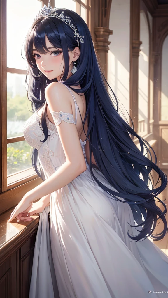 masterpiece、Highest quality、High resolution、High-quality images、8K, 1 female、Skin Radiance、Texture of skin and clothing、Expression of fine eyes、Shiny latte-colored hair,Long Hairの女の子, Manga inspired by Lee Jong-suk, Trending on deviantart, Realistic perfect line drawing, Beautiful line art, Digital Manga Art Girl Dress, , Fuller lips, Gorgeous face with attention to detail, (smile), charm, Innocent, Side view, (Perfectly detailed face), (Beautiful Hands) Photorealistic images, Written boundary depth, tiara, White wedding dress,mother、Big Breasts、,Association, evening,Lots of roses,Light blue hair、Adult women、Long Hair、Wavy Hair