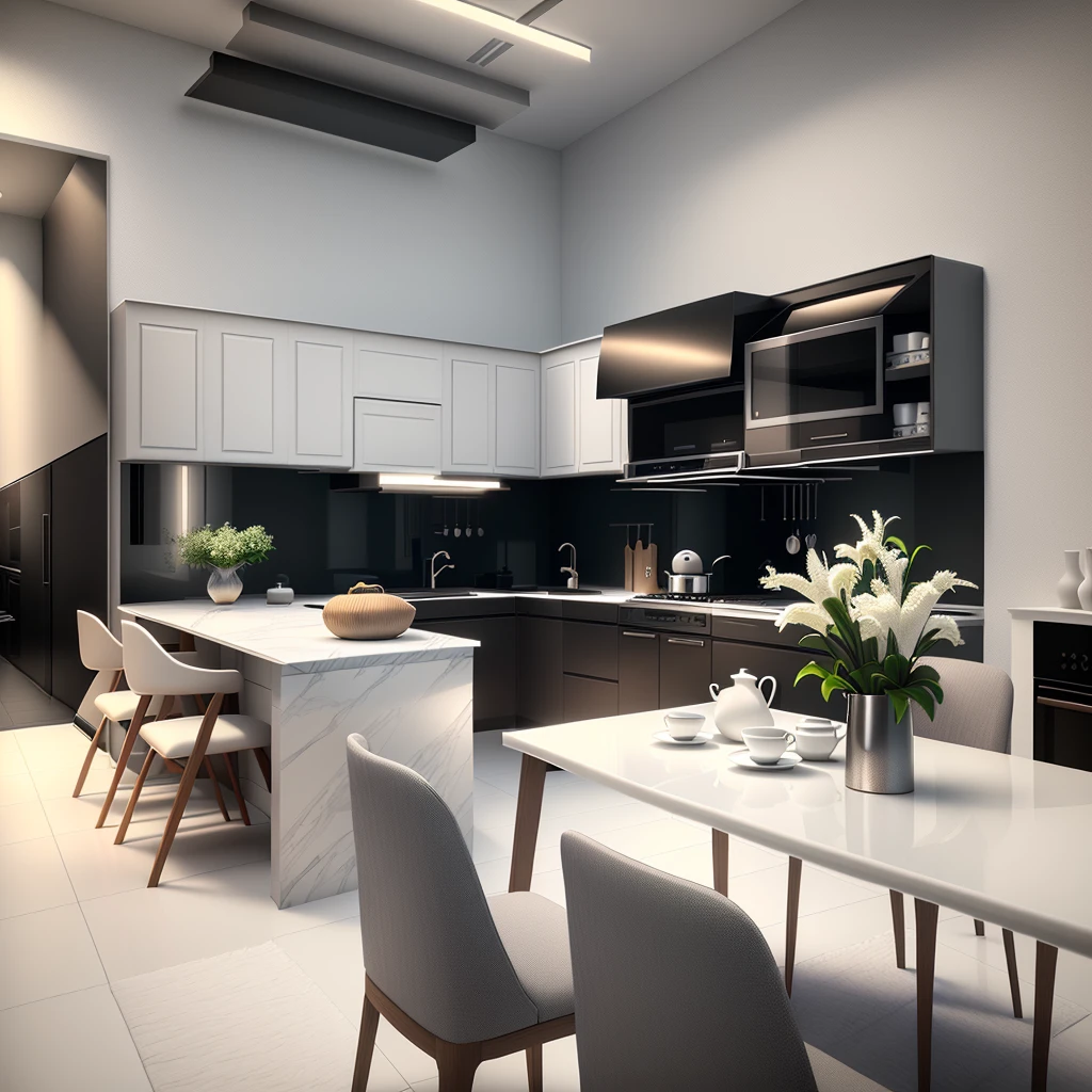 White gray kitchen, luxury, artistic rendering, excellent 3D rendering, Archviz, exquisite details, high quality 3D rendering, high quality 3D rendering, award winning rendering, rendering in scene, accurate architectural rendering, 3d rendering, 3d rendering, luxury kitchen design, surreal