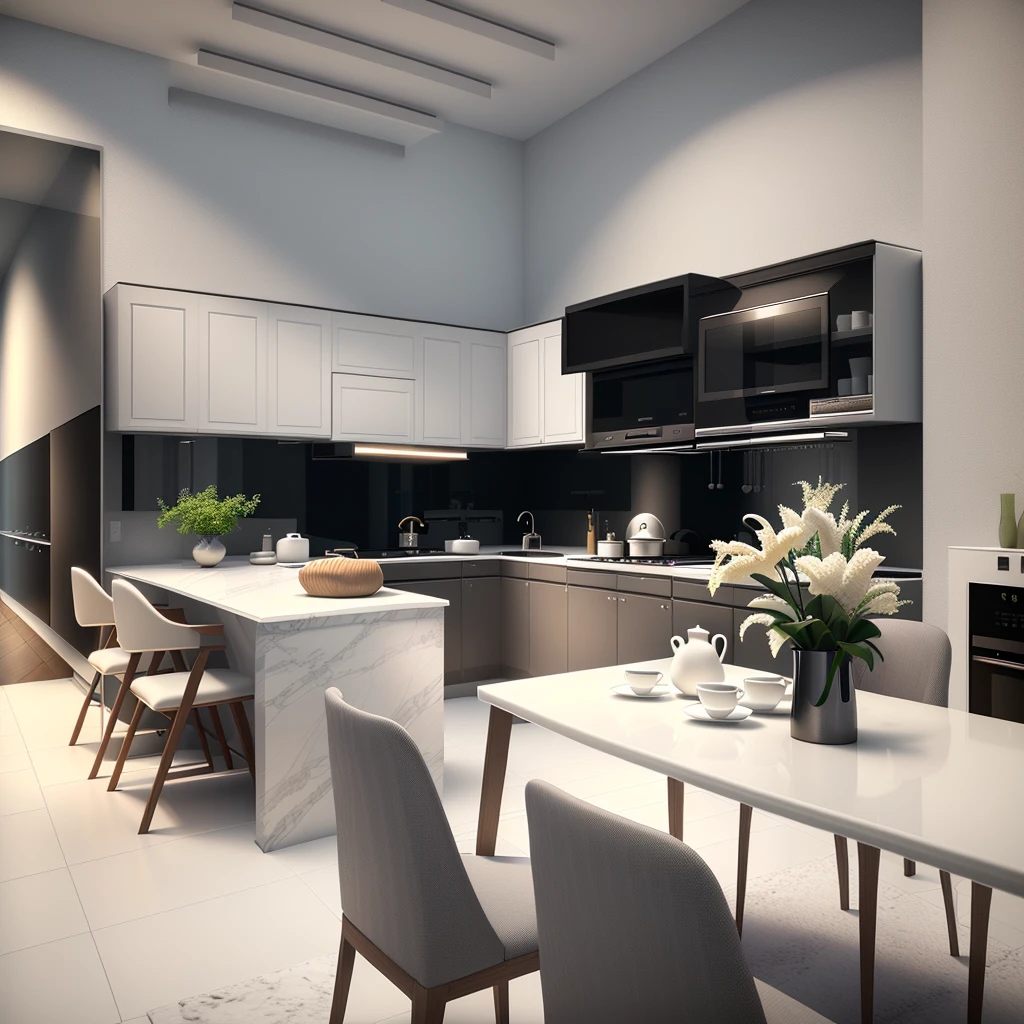White gray kitchen, luxury, artistic rendering, excellent 3D rendering, Archviz, exquisite details, high quality 3D rendering, high quality 3D rendering, award winning rendering, rendering in scene, accurate architectural rendering, 3d rendering, 3d rendering, luxury kitchen design, surreal