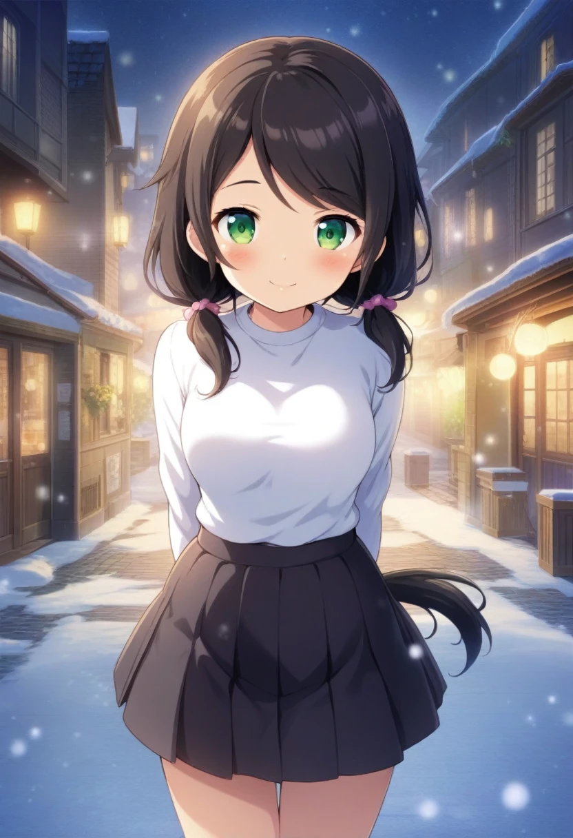 1girl, to_love-ru, gomashio \(goma_feet\), solo, official art, black hair, green eyes, smile, attractive, looking at viewer, pony tail, side bangs, medium breasts, black pleated skirt, white shirt, hands behind back, raised eyebrows, expressive, smile, outdoors, scenery, best quality, masterpiece, (very aesthetic, best quality, ultra detailed), light particles, snow, moonlight, street, blush, swept_bangs, close-up, straight-on, light particles, centered, bokeh background, style