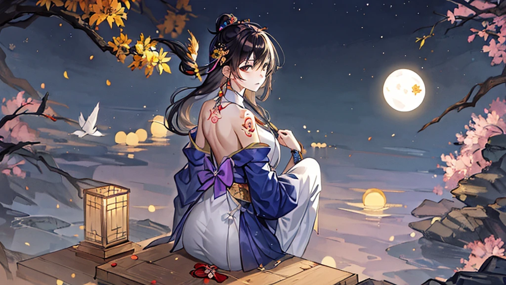 Woman sitting with her back turned,Japanese style tattoo on the back,Fluttering back,Take off your clothes,night,full moon,cool,