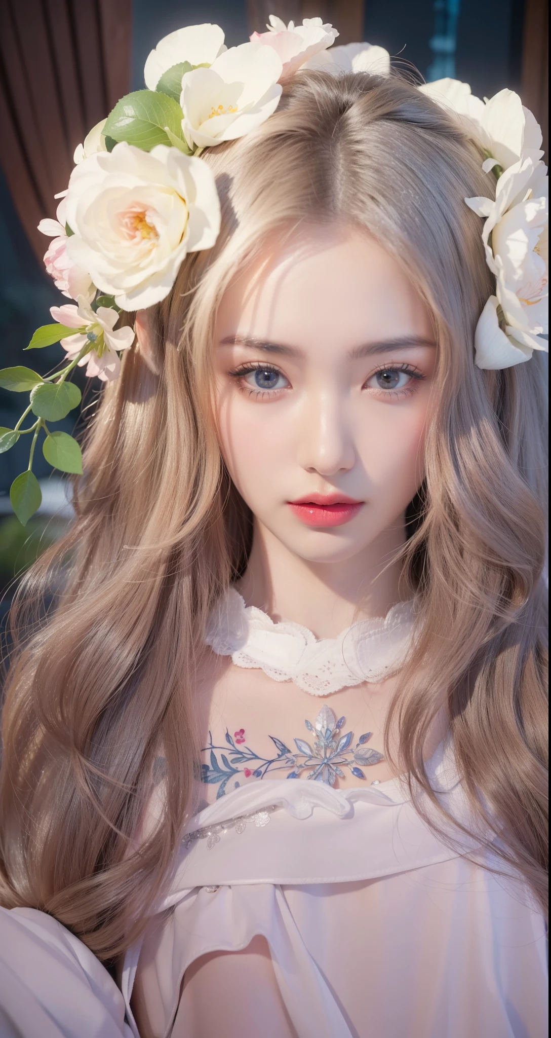 realistic style,8k 품질,very detailed, delicate face, realistic style的照片, Stock Photo , fancy, surreal, realistic texture, dramatic lighting, still 800 (8k, original photo, better quality, masterpiece: 1.2), very detailed, (very sensitive skin: 1.2), 8k 울트라 HD, SLR camera, soft light, high quality, 냉동 Queen, Queen, snow castle,blue eyes,apply red lipstick,very detailed tattoo design