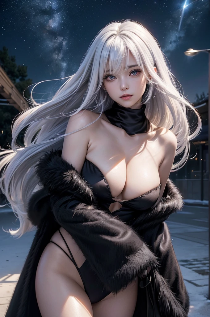 ((masterpiece:1.5、8K、Tabletop、フォトリアリスティックでVery detailedなCG、Very detailed、Particle Effects、Dynamic Effects、Shallow depth of field、Cinematic Light、Lens flare、Ray Tracing、Tabletop、Realistic:1.4、Ultra-high resolution:1.2、Realistic、Realistic))((alone、,A woman wearing a black fur coat over an off-the-shoulder sweater:1.4、Elegant woman posing、Detailed face、bright表情、young, bright, Whiter skin、medium breasts、Beautiful cleavage、Best Looks、Asian、Ultimate beauty、bright and shiny hair,、Super long, Silky straight hair、Hair dancing in the wind))(spectacular night sky、White Nights、Fantastic starry sky)((White hair with shiny highlights))