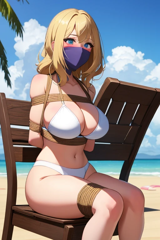 1 girl, detailed blue eyes, lange wimpern, detailed beautiful face, 4k quality, a Bit curly hair, (Long blonde hair:1.4), (arms behind back:1.6), gefesselte Arme, Red rope, (blushing:1.3), (Big breasts:1.6), (white Bikini, höschen mit seiten schnürung, 18 jears old:1.6), OTN, Gag, gagged, shibari, bondage, nah aufnahmen, Front view, on a beach, looking at the viewer, sitting in a beach chair