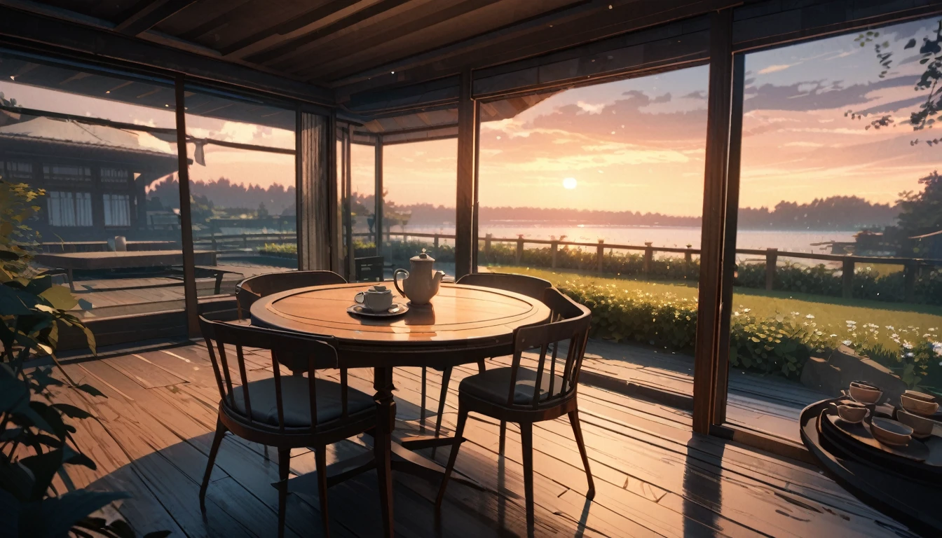 anime aestetics, dusk inside of a summer house, a round table, two cups of tea on the table, dim light, calm atmosphere, sad atmosphere, beautiful architecture, a beautifl apple garden on the background, perspective, atmospheric perspective, wide shot, highres, 8k, award winning, best quality, highres, super detail, masterpiece, UHD