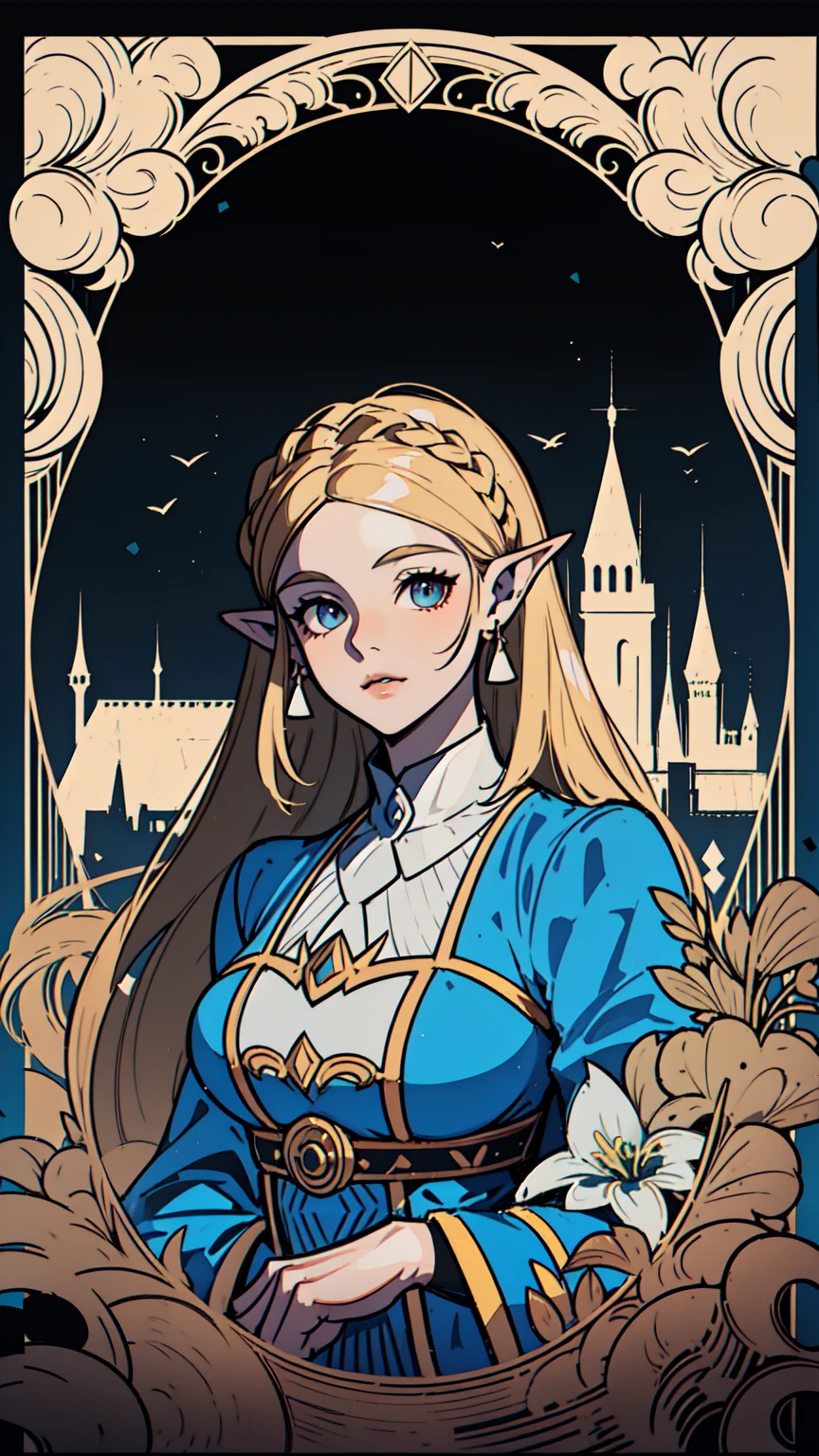 (portrait),a beautiful princess zelda, detailed intricate dress, detailed face, detailed eyes, detailed lips, long flowing hair, serene expression, (background) in a magnificent castle interior
