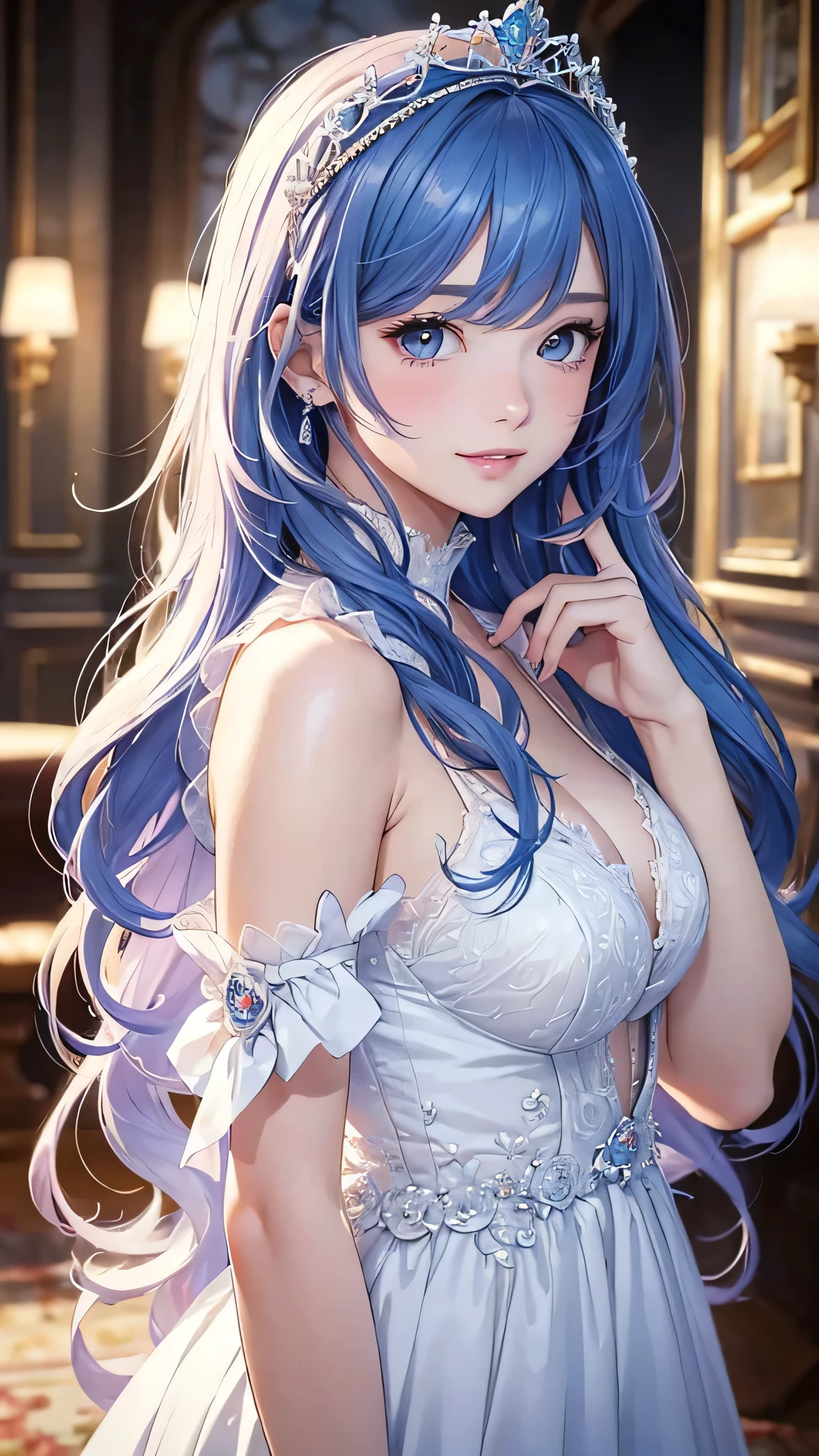 masterpiece、Highest quality、High resolution、High-quality images、8K, 1 female、Skin Radiance、Texture of skin and clothing、Expression of fine eyes、Shiny latte-colored hair,Long Hairの女の子, Manga inspired by Lee Jong-suk, Trending on deviantart, Realistic perfect line drawing, Beautiful line art, Digital Manga Art Girl Dress, , Fuller lips, Gorgeous face with attention to detail, (smile), charm, Innocent, Side view, (Perfectly detailed face), (Beautiful Hands) Photorealistic images, Written boundary depth, tiara, White wedding dress,mother、Big Breasts、,Association, evening,Lots of roses,Light blue hair、Adult women、Long Hair、Wavy Hair