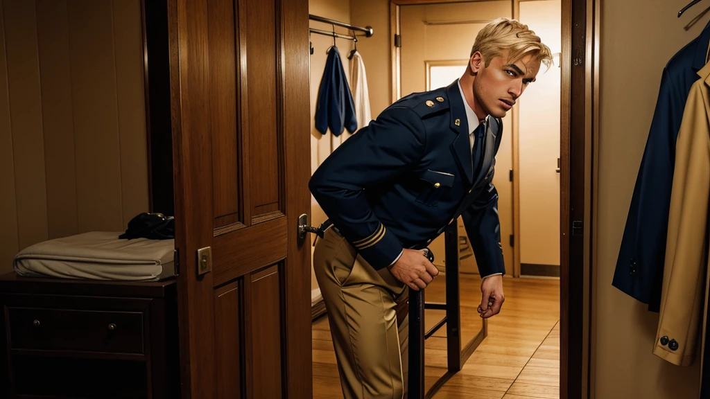 A handsome blond guy, , looks at the ceremonial officer's uniform of a "Navy Seal" with awards, which hangs on a suit hanger standing on the floor, and engages in masturbation. Watching him from behind is a naked, blond, muscular Navy SEAL officer, 35 years old, handsome and arrogant. The officer has a big dick, an erection, and a boner.