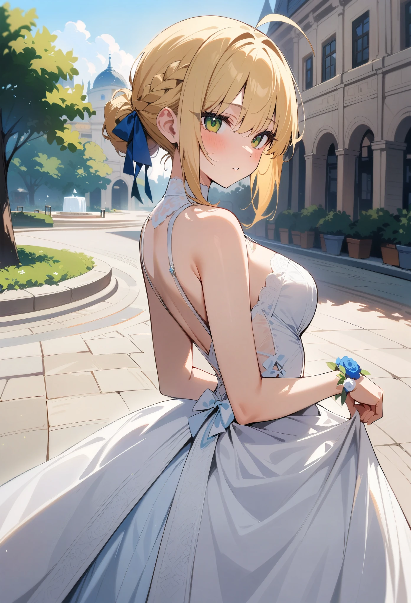 masterpiece, best quality, very aesthetic, absurdres, newest,1girl, ,saber_(fate), fate_(series), 1girl, ahoge,blonde_hair,braid, braided_bun,single_hair_bun,  hair_ribbon,   green_eyes,,white wedding dress,in a plaza