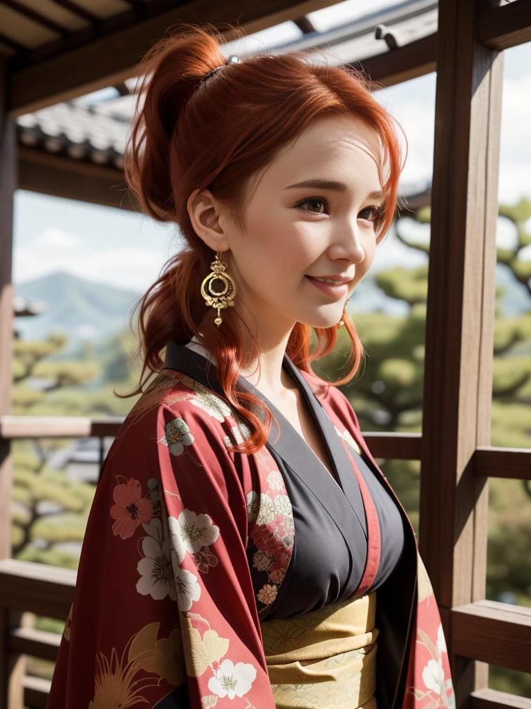 scene in traditional Japan, in the picture only a single woman with a head and an anatomically correct body, a single 16-year-old wears a beautiful kimono, wunderschöne Red-Hairede junge Frau , ponytail, beautiful detaileld face, perfect face, perfect body body, perfect anatomy, wearing nice stylish earrings, Red-Haired (Christa Theret: 1.3), ( Alexia Fast: 1.3), beautiful colorful traditional earrings,Highly detailed youthful face, proporções perfeitas, ((red hair)), pony tail, curly hair, very detailed, curly short hair, Relaxed smile, 16K, HDR, broad light, high contrast, keen focus, RAW color photo, japanese garden