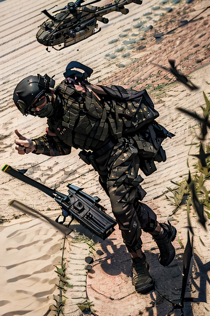 high resolution, best quality, Masterpiece, Very high image quality, very detailed, Exaggerated, 3d, anime, {{Masterpiece、best quality、Very detailed CG、16 ก、film light、lens flare}}、blurred background、(One man soldier aimsing a huge rifle)、Day 24、Bold、Clean, white teeth、realistic:1.4、black short hair 、blue eyes、Many weapons、((military helicopter:1.6))、special forces、war、Shinjuku at night、from above view、aims、aims、Knee shot、Wide viewing angle、Fight zombies , black dress , black bulletproof vest.